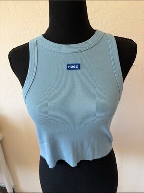 NWT HUGO Sky-Blue Ribbed LOGO Crop Tank size Medium